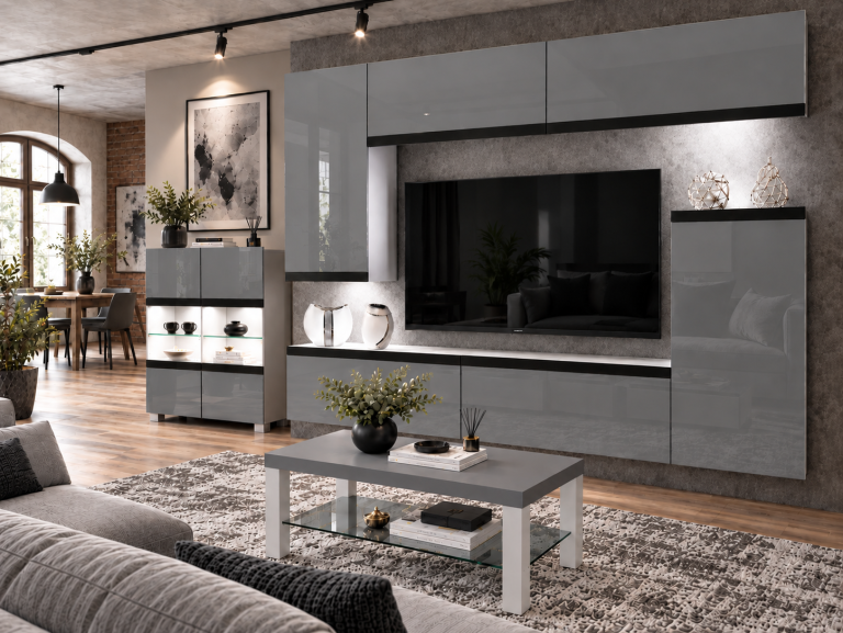 Meblościanka Prestige 250 cm TV/RTV szara połysk Producent IMP P Woody 8/5/W/S/0/0/CM
