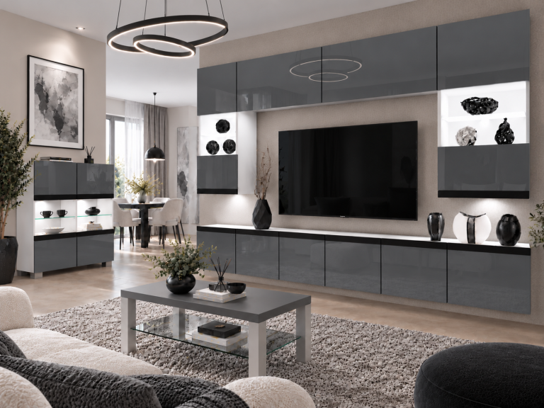 Meblościanka Prestige 300 cm TV/RTV szara połysk Producent IMP P1 Nolan 1/5/W/S/0/0/CM