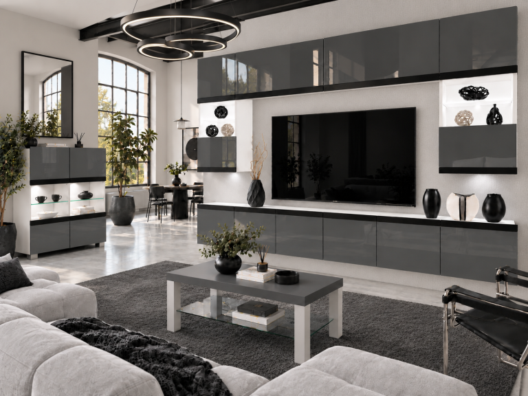 Meblościanka Prestige 300 cm TV/RTV szara połysk Producent IMP P2 Nolan 1/5/W/S/0/0/CM