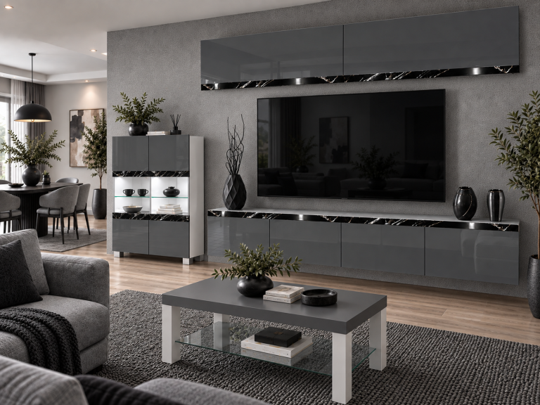 Meblościanka Prestige 200 cm TV/RTV szara połysk Producent IMP P Brando 6/5/W/S/0/0/CS