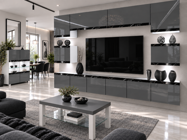 Meblościanka Prestige 300 cm TV/RTV szara połysk Producent IMP P Tarantino 3/5/W/S/0/0/CS