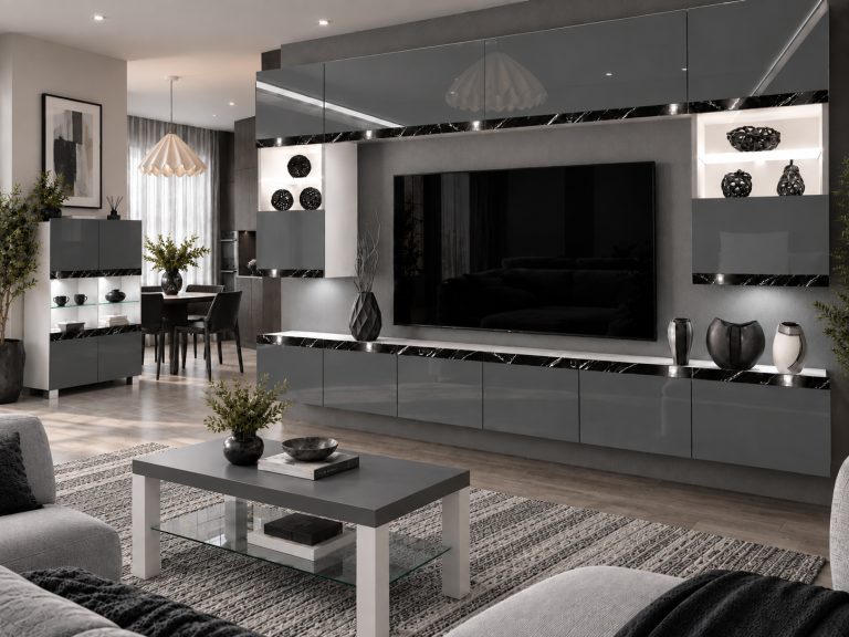 Meblościanka Prestige 300 cm TV/RTV szara połysk Producent IMP P2 Nolan 1/5/W/S/0/0/CS