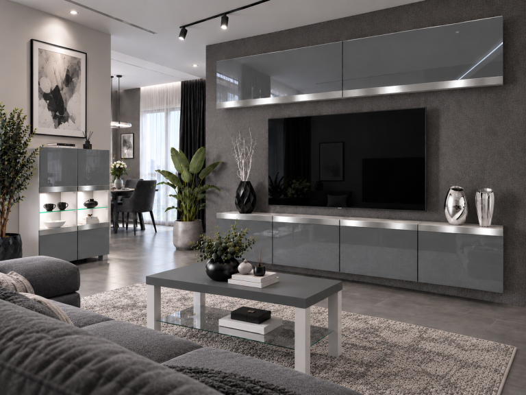 Meblościanka Prestige 200 cm TV/RTV szara połysk Producent IMP P Brando 6/5/W/S/0/0/SL