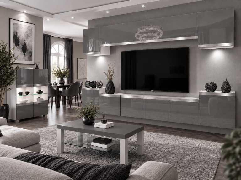 Meblościanka Prestige 300 cm TV/RTV szara połysk Producent IMP P Hepburn 4/5/W/S/0/0/SL