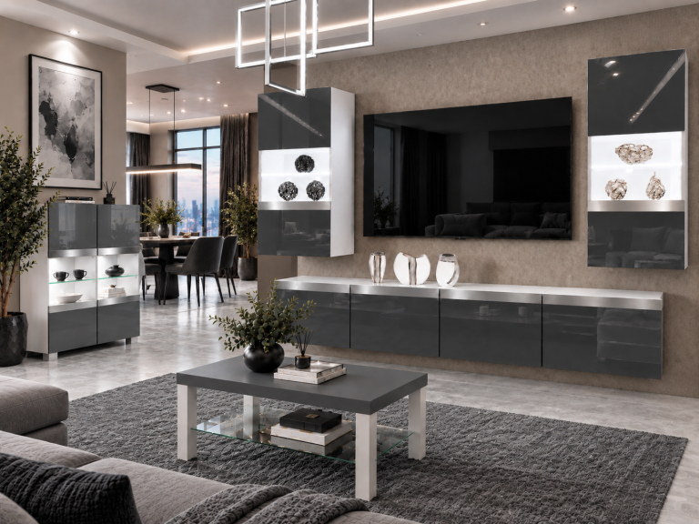 Meblościanka Prestige 200 cm TV/RTV szara połysk Producent IMP P Keanu 7/5/W/S/0/0/SL