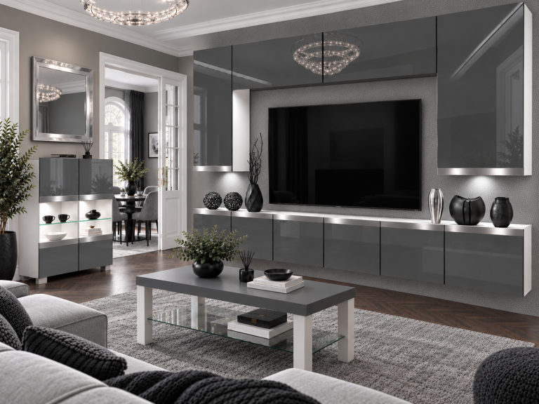 Meblościanka Prestige 300 cm TV/RTV szara połysk Producent IMP P Monroe 2/5/W/S/0/0/SL