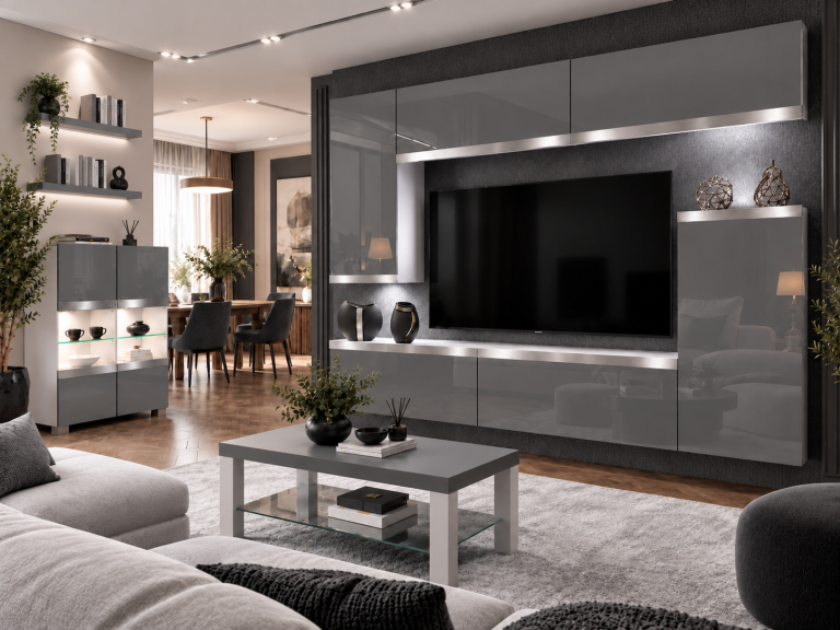 Meblościanka Prestige 250 cm TV/RTV szara połysk Producent IMP P Woody 8/5/W/S/0/0/SL