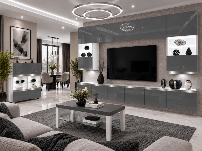 Meblościanka Prestige 300 cm TV/RTV szara połysk Producent IMP P1 Nolan 1/5/W/S/0/0/SL