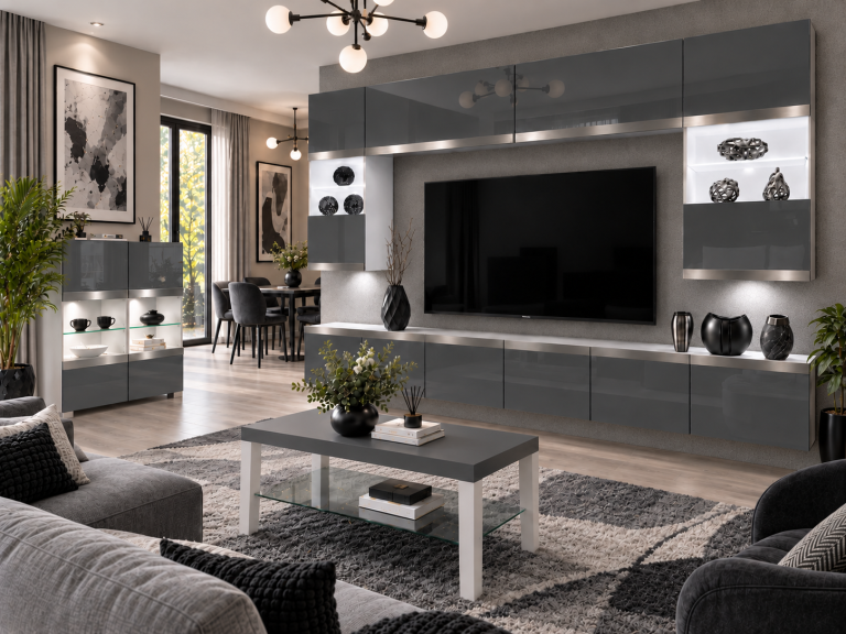 Meblościanka Prestige 300 cm TV/RTV szara połysk Producent IMP P2 Nolan 1/5/W/S/0/0/SL