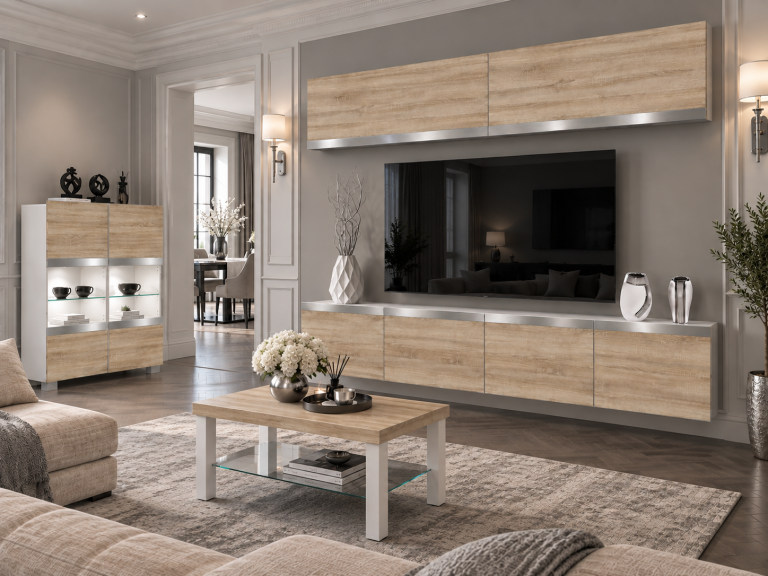 Meblościanka Prestige 200 cm TV/RTV dębowa dąb wotan dąb sonoma Producent IMP P Brando 6/5/W/DS/0/0/SL