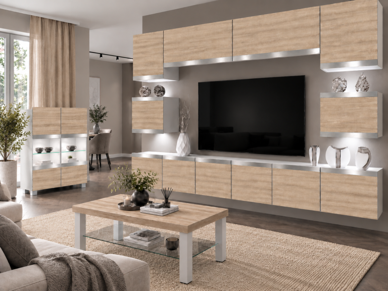 Meblościanka Prestige 300 cm TV/RTV dębowa dąb wotan dąb sonoma Producent IMP P Tarantino 3/5/W/DS/0/0/SL