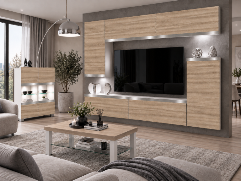 Meblościanka Prestige 250 cm TV/RTV dębowa dąb wotan dąb sonoma Producent IMP P Woody 8/5/W/DS/0/0/SL