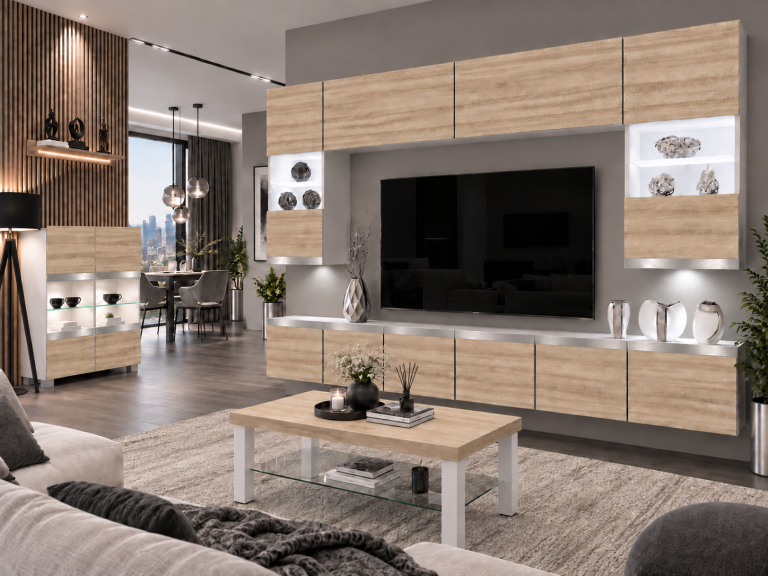 Meblościanka Prestige 300 cm TV/RTV dębowa dąb wotan dąb sonoma Producent IMP P1 Nolan 1/5/W/DS/0/0/SL