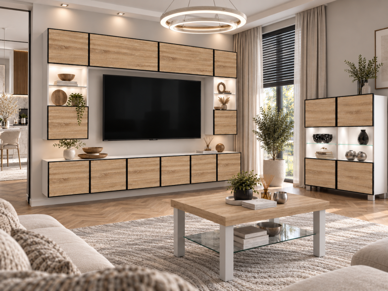 Meblościanka Linea 300 cm TV/RTV dębowa dąb wotan dąb sonoma Producent IMP L Nolan 1/5/W/DS/0/0