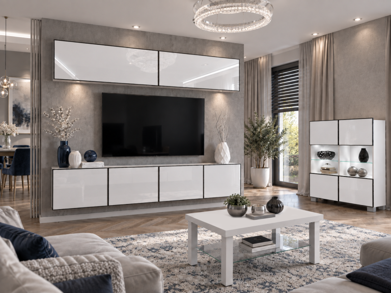 Wohnwand Linea 200 cm TV/RTV weiß Hochglanz Produzent IMP L Brando 6/5/W/W/0/0