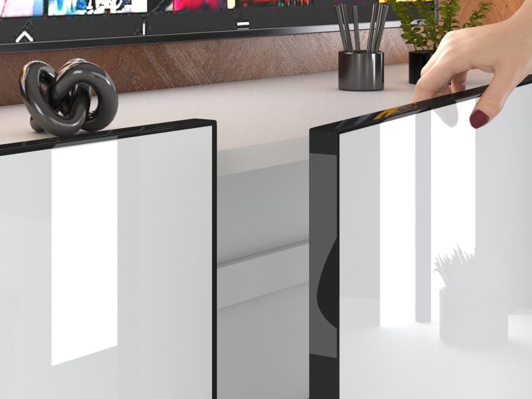 Meblościanka Linea 300 cm TV/RTV biała połysk Producent IMP L Hepburn 4/5/W/W/0/0