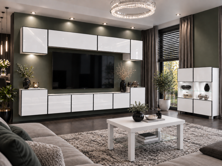 Meblościanka Linea 300 cm TV/RTV biała połysk Producent IMP L Hepburn 4/5/W/W/0/0