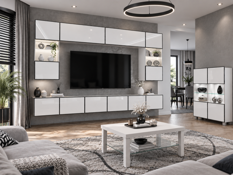 Wohnwand Linea 300 cm TV/RTV weiß Hochglanz Produzent IMP L Nolan 1/5/W/W/0/0