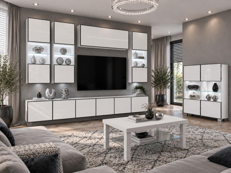 Meblościanka Linea 300 cm TV/RTV biała połysk Producent IMP L Pacino 5/5/W/W/0/0