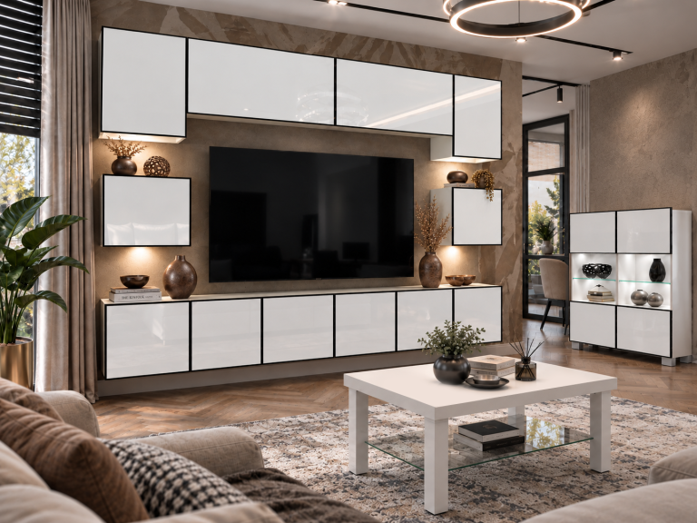 Wohnwand Linea 300 cm TV/RTV weiß Hochglanz Produzent IMP L Tarantino 3/5/W/W/0/0