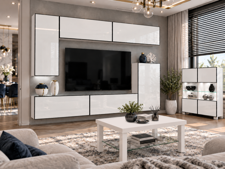 Wohnwand Linea 250 cm TV/RTV weiß Hochglanz Produzent IMP L Woody 8/5/W/W/0/0