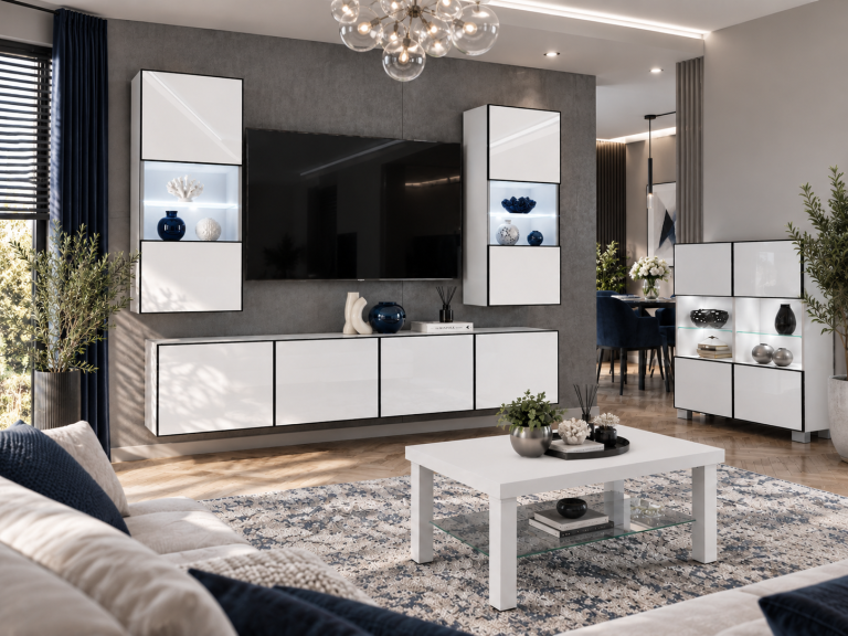 Wohnwand Linea 200 cm TV/RTV weiß Hochglanz Produzent IMP L Keanu 7/5/W/W/0/0