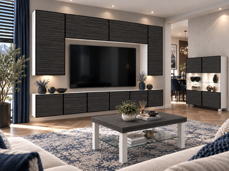 Wohnwand Linea 300 cm TV/RTV schwarz Ebenholz Produzent IMP L Monroe 2/5/W/HK/0/0