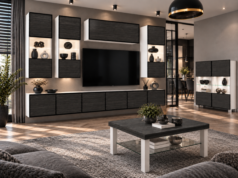 Meblościanka Linea 300 cm TV/RTV czarna heban Producent IMP L Pacino 5/5/W/HK/0/0