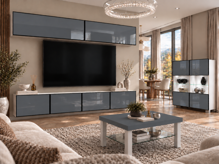 Wohnwand Linea 200 cm TV/RTV grau Hochglanz Produzent IMP L Brando 6/5/W/S/0/0