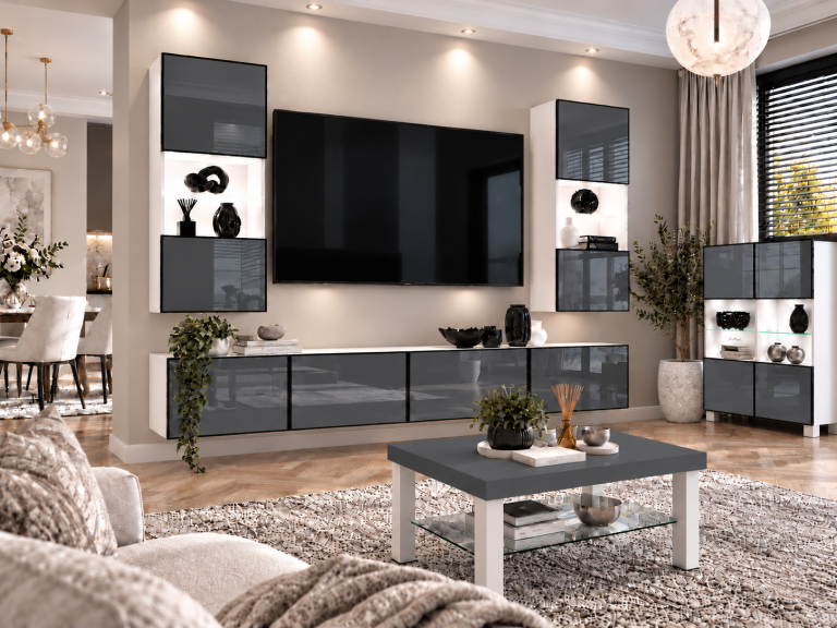Wohnwand Linea 200 cm TV/RTV grau Hochglanz Produzent IMP L Keanu 7/5/W/S/0/0