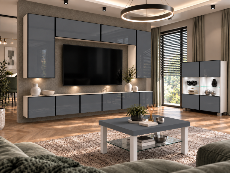 Wohnwand Linea 300 cm TV/RTV grau Hochglanz Produzent IMP L Monroe 2/5/W/S/0/0