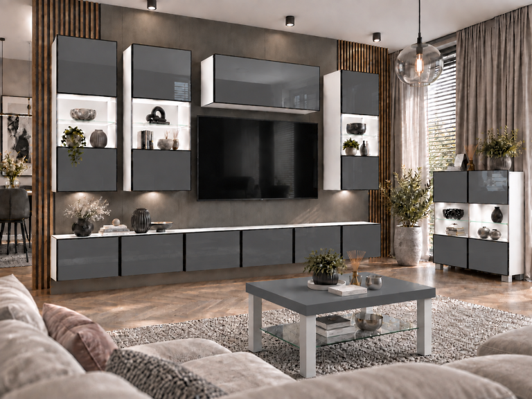 Meblościanka Linea 300 cm TV/RTV szara połysk Producent IMP L Pacino 5/5/W/S/0/0