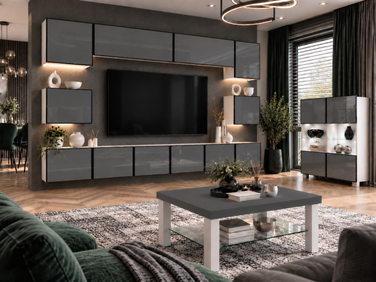 Wohnwand Linea 300 cm TV/RTV grau Hochglanz Produzent IMP L Tarantino 3/5/W/S/0/0