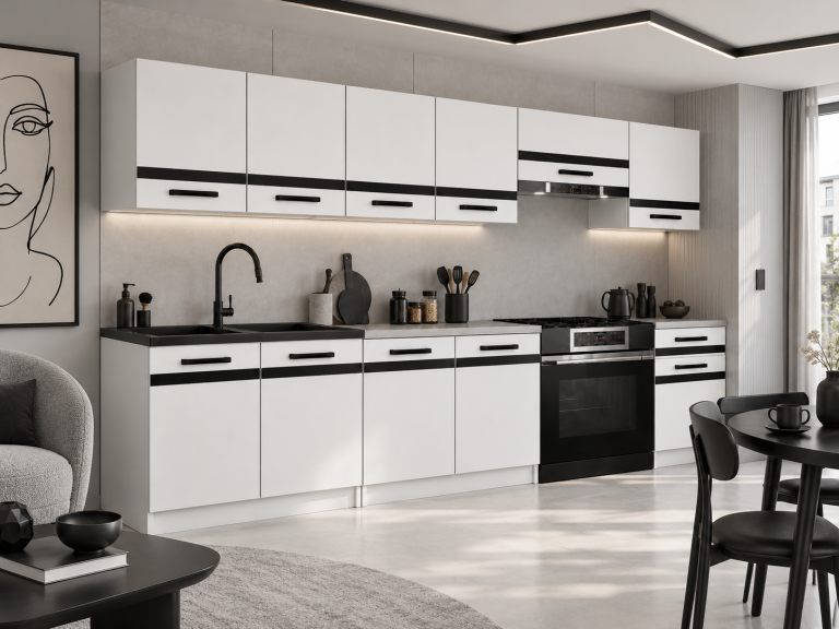 Meble kuchenne Prestige 260 cm biały mat bez blatu Producent TOR P Frida/0/WT/WT/BB/A1/CM