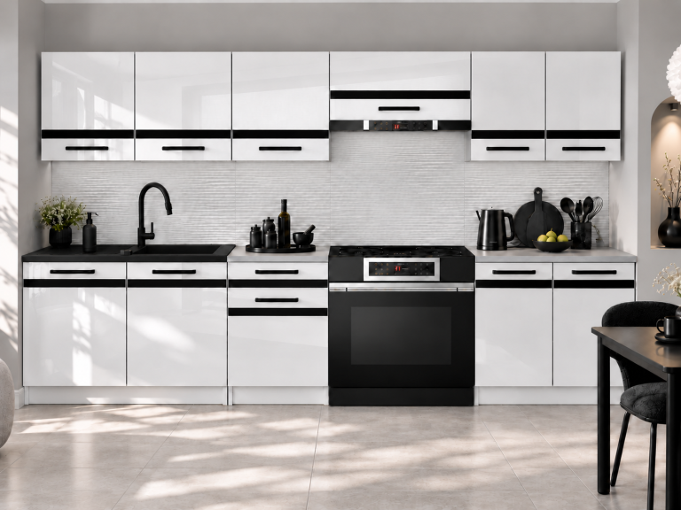 Meble kuchenne Prestige 240 cm biały połysk z blatem Producent INF P Salvador/0/WT/W/0/0/CM