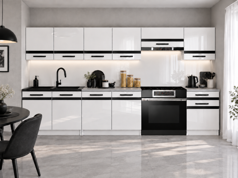 Küchenmöbel Prestige 260 cm Weiß Hochglanz ohne Arbeitsplatte Hersteller INF P Frida/0/WT/W/BB/A1/CM