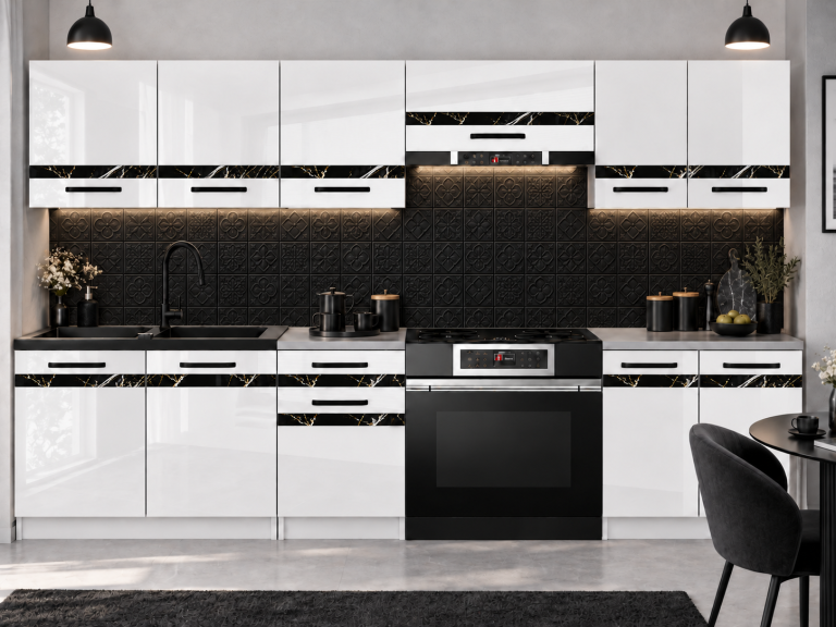 Meble kuchenne Prestige 240 cm biały połysk bez blatu Producent INF P Salvador/0/WT/W/BB/A1/CS