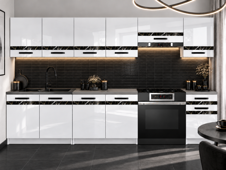 Meble kuchenne Prestige 260 cm biały połysk bez blatu Producent TOR P Frida/0/WT/W/BB/0/CS