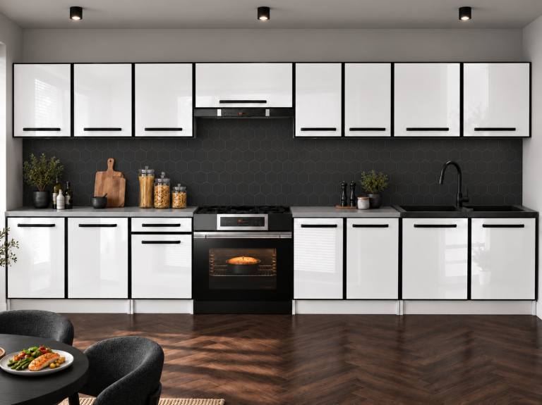 Küchenmöbel Linea 320 cm Weiß Hochglanz mit Arbeitsplatte Hersteller INF L Vincent/0/WT/W/0/A1