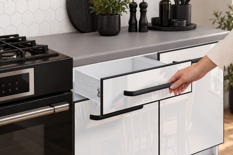 Küchenmöbel Linea 260 cm Weiß Hochglanz mit Arbeitsplatte Hersteller INF L Frida/0/WT/W/0/A1