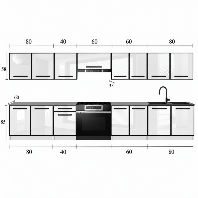 Küchenmöbel Linea 320 cm Grau Hochglanz ohne Arbeitsplatte Hersteller INF L Vincent/0/WT/S/BB/0