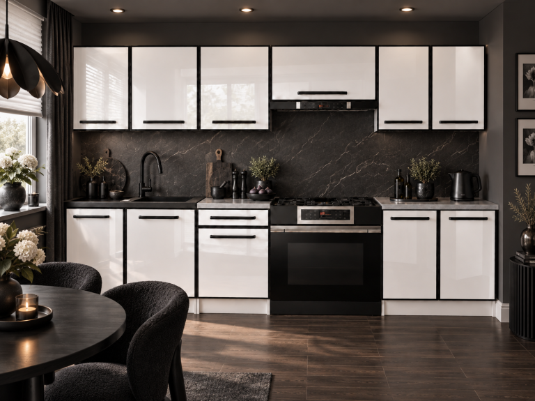 Küchenmöbel Linea 240 cm Weiß Hochglanz mit Arbeitsplatte Hersteller INF L Salvador/0/WT/W/0/A1
