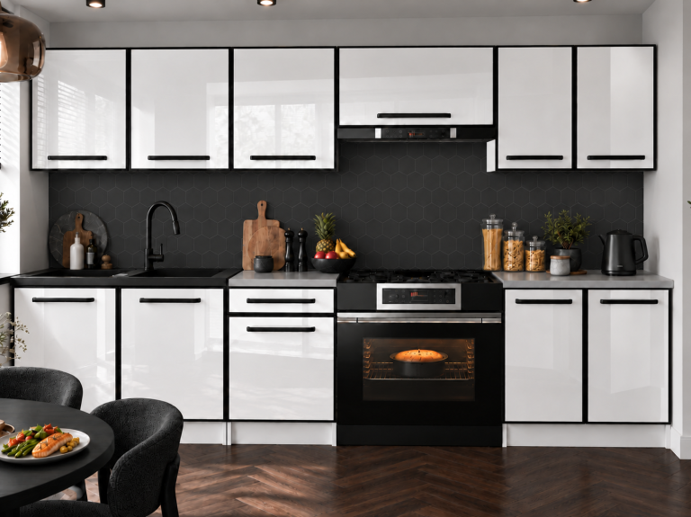 Küchenmöbel Linea 240 cm Weiß Hochglanz mit Arbeitsplatte Hersteller INF L Salvador/0/WT/W/0/0