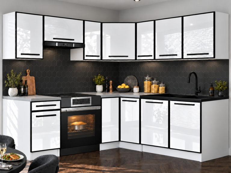 Küchenmöbel Linea 360 cm Hochglanz Weiß mit Arbeitsplatte Hersteller INF L Pablo/0/WT/W/0/A1