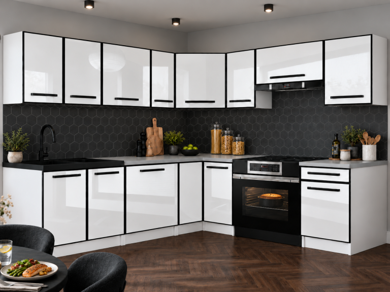 Küchenmöbel Linea 420 cm Weiß Hochglanz ohne Arbeitsplatte Hersteller INF L Gustav/0/WT/W/BB/A1