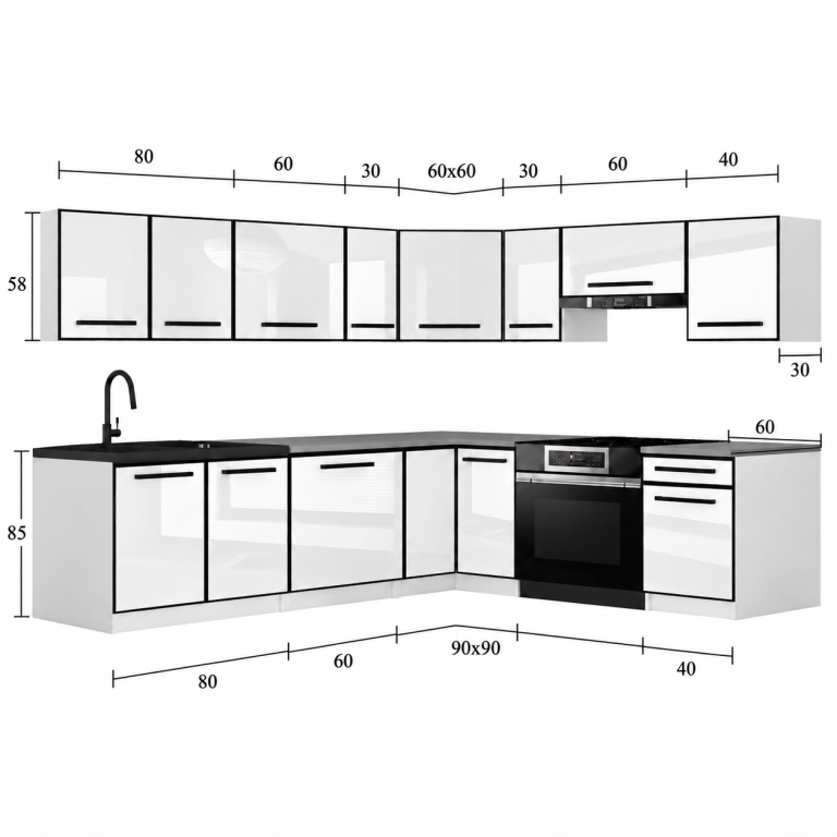 Küchenmöbel Linea 420 cm Weiß matt ohne Arbeitsplatte Hersteller TOR L Gustav/0/WT/WT/BB/0