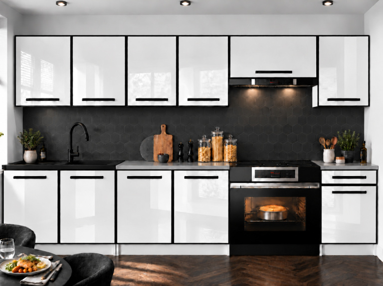 Küchenmöbel Linea 260 cm Weiß Hochglanz ohne Arbeitsplatte Hersteller INF L Frida/0/WT/W/BB/0