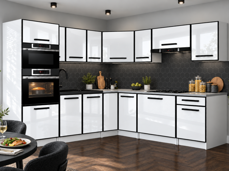 Meble kuchenne Linea 420 cm biały połysk bez blatu Producent INF L Diego/0/WT/W/BB/0
