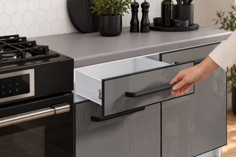 Küchenmöbel Linea 260 cm Grau Hochglanz mit Arbeitsplatte Hersteller INF L Frida/0/WT/S/0/A1