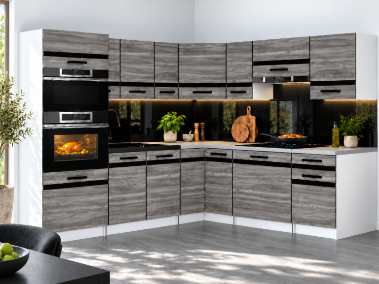 Küchenmöbel Prestige 420 cm Glamour Wood ohne Arbeitsplatte Hersteller TOR P Diego/0/WT/GW1/BB/0/CM